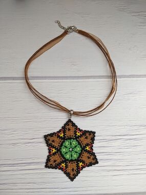 Brown & Green Beaded Star Pendant Necklace